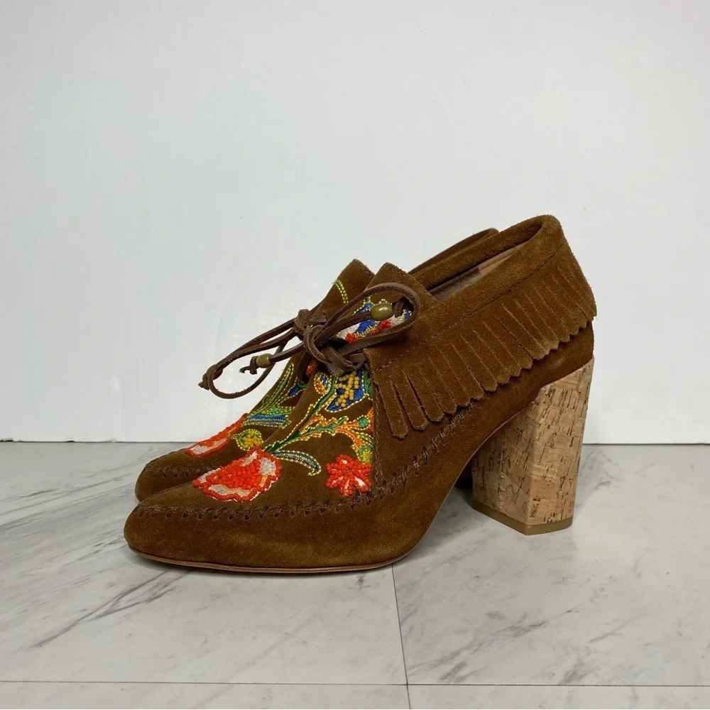 New! Tory Burch Huntington Fringe Brown Leather Heeled Bootie 6M
